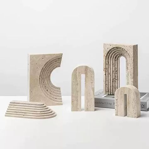 Stone Home Accessories, Travertine Accessories, Travertine Bookends, Arch Sculpture, Marble Objects, Marble Crafts, Stone Desk, Marble Home Decor, Cool Desk Accessories