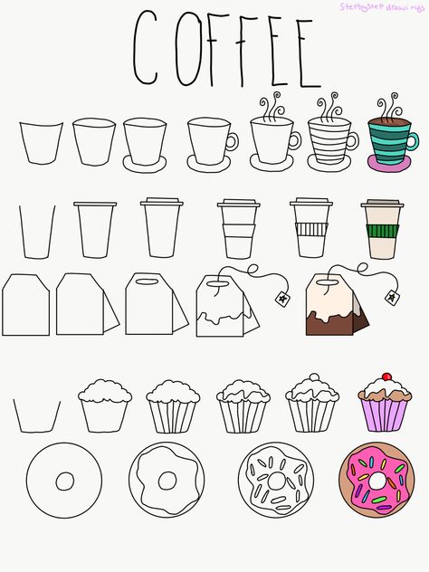 Cafe Bujo Theme, Coffee Mug Sketch Drawing, Doodling Step By Step, Step By Step Cute Doodles, Bujo Doodles Ideas, Study Cake Design, Lettering Doodle Design Ideas, Doodle Ideas Step By Step, Doodles How To