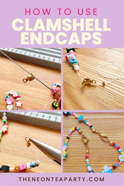 How To Use Jewelry Clasps, How To Crimp Jewelry, How To End A Beaded Necklace, How To Use Clamshell Bead Tips, How To Put A Clasp On A Beaded Necklace, How To Bead Necklace, How To Add Clasp To Beaded Necklace, Crimp Beads How To Use, How To Use Crimp Beads