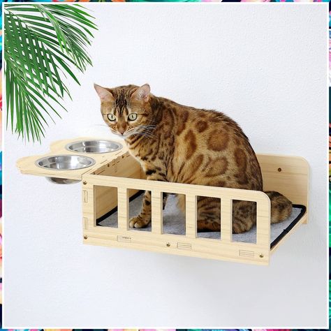 Yiotl Wall Mounted Wood Cat Shelf Bed with Two Bowls Wood Cat Feeder Shelf Wall Cat Bowls Indoor Cat Playing Platform Cat Per Cat Feeding Shelf, Cat Food Station, Shelf Bed, Cat Feeding Station, Cat Shelf, Cat Hotel, Cat Wall Shelves, Cat Wall Furniture, Cat Seat