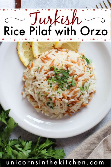 This is the best Turkish rice pilaf with orzo recipe! Fluffy and tender restaurant quality pilaf is made with only 4 ingredients and is ready in 30 minutes. You can serve it with almost anything including chicken, kebabs, or veggies. Toasted orzo adds so much flavor to this pilaf! This is a great alternative to heavy side dishes and is a new way to enjoy rice! Rice Pilaf With Orzo, Toasted Orzo, Orzo Rice, Turkish Food Traditional, Turkish Rice, Orzo Recipe, Rice Pilaf Recipe, Egg Rice, Fried Rice With Egg