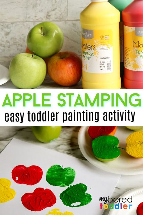 Apple Stamping for Toddlers - My Bored Toddler Painting Fun for Toddlers Fall Activity For Toddlers, Harvest Activities For Toddlers, Toddler Apple Activities, Craft With Paint, Autumn Activities For Toddlers, Fall Toddler Activities, Toddler Painting Activities, Apple Tree Craft, Apple Stamping