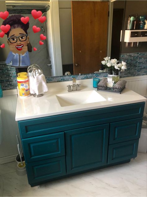 Turquoise Bathroom Vanity, Teal Bathroom Vanity, Teal Vanity, Turquoise Vanity, Guest House Bathroom, Gray Bathroom Walls, Light Grey Bathrooms, Turquoise Bathroom, Teal Bathroom