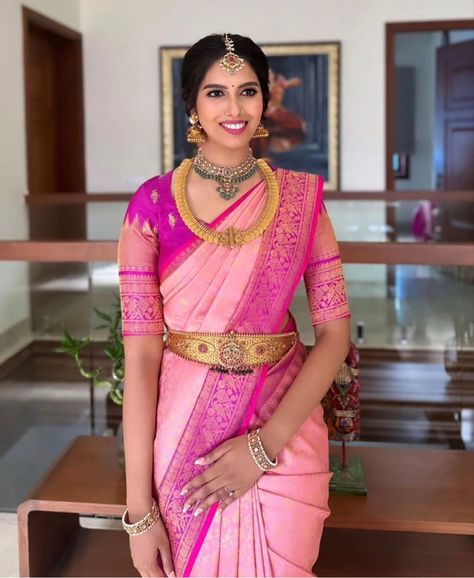 Latest Kanchi Pattu Sarees 2024, Devi Makeup Look, Pattu Saree Look, Wedding Saree Designs, Kasu Mala, Gold Haram Designs, Pink Blouse Designs, Engagement Saree, Bride Saree