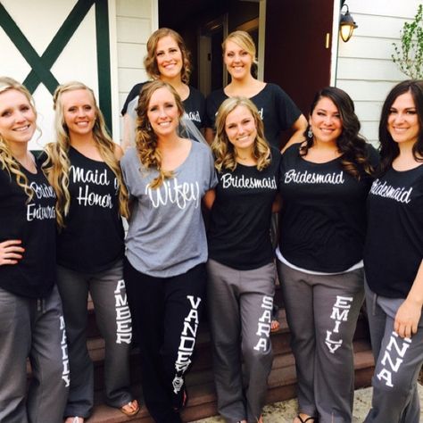 Custom Sweatpants for Bridesmaids? -- Ask Emmaline |  #bridesmaids #customsweatpants #gettingready #morningofthewedding #sweatpants #sweats | custom sweatpants for bridesmaids Wedding Day Bridesmaid Gifts, Bridesmaid Presents, Groom Gifts, Asking Bridesmaids, Style Sweatpants, November 19th, Yoga Style, Bridesmaid Shirts, Bridal Parties