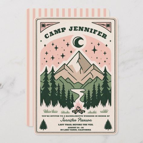 Camp Bachelorette Rustic Woodsy Mountain  Weekend Bachelorette Camping, Mountain Invitation, Glamping Bachelorette Party, Camping Bachelorette, Bachelorette Theme, Camp Camp, Bachelorette Themes, Camp Vibes, Mountain Getaway