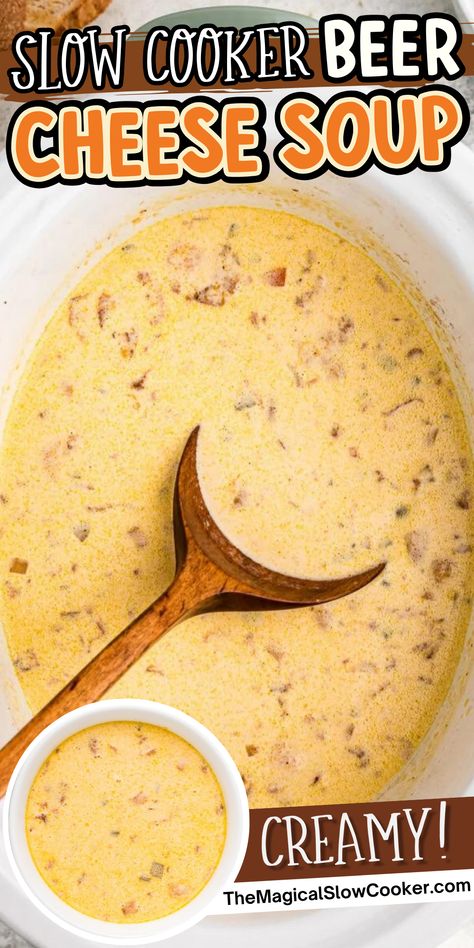 Here's a simple recipe for beer cheese soup in the slow cooker. This creamy soup has excellent flavor and plenty of cheese, beer, and bacon! You only need to add bread to make this a complete meal. - The Magical Slow Cooker Three Cheese Soup, Easy Delicious Crockpot Soups, Soup In Slow Cooker Recipes, Crockpot Cheese Soup, Velveeta Cheese Soup, Cheddar Cheese Soup Recipes, Slow Cooker Beer Cheese Soup, Cheese Soup Recipe Easy, Crock Pot Soups