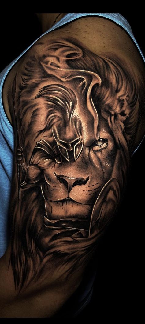 Large Shoulder Tattoo For Men, Lion Worrier Tattoo, Spartan With Lion Tattoo, Lion With Warrior Tattoo, Lion Warrior Tattoo For Men, Lion Samurai Tattoo, Lion Tattoo Men Back, Evil Lion Tattoo, Lion Tattoo On Thigh Men