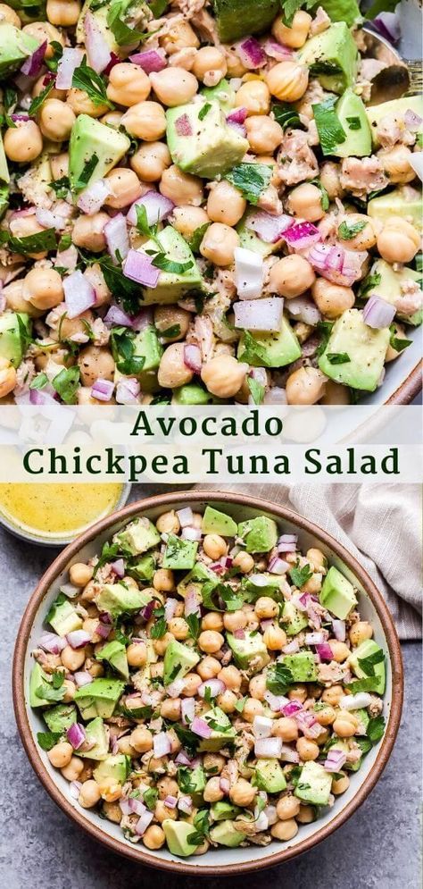 Upgrade your lunch! This Avocado Chickpea Tuna Salad tossed in a lemon vinaigrette is loaded with protein and flavor. Eat it as is, on top of your favorite greens or as a filling for a sandwich or wrap. #tuna #tunasalad #avocado #chickpeas #glutenfree #lunch #dinner #easyrecipes #healthyrecipes #mediterraneandiet #pescatarian Avocado Chickpea, Chickpea Tuna Salad, Chickpea Tuna, Healthy Food Habits, Tuna Salad Recipe, Healthy Food Facts, Lemon Vinaigrette, Healthy Diet Recipes, Tuna Salad