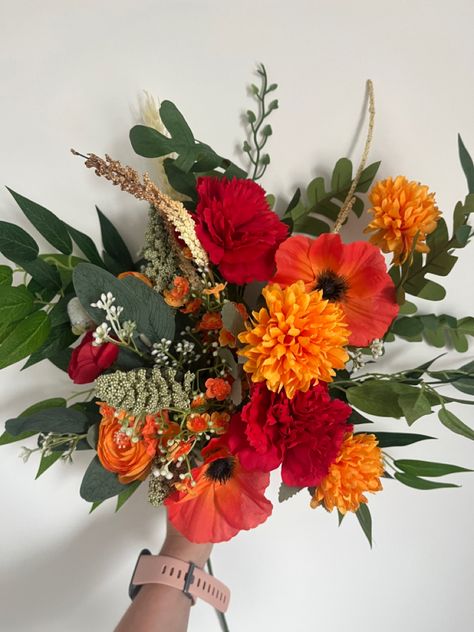 Autumn, fall, reds and orange artificial fake flower bouquet Autumn home decor #autumndecor #homedecorideas #autumn #autumnflowerdisplays #flowerbouquet #weddingflowers Flower Bouquet Autumn, Fall And Halloween Decor, Fake Flower Bouquet, Artificial Bouquet, Faux Flower Arrangements, Fall And Halloween, Gift Bouquet, Fake Flower, Bouquet Arrangements