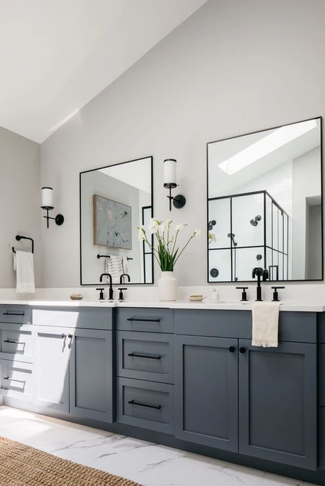 Annarya Design | Portfolio Farmhouse Bathroom Ideas Black And White, Bathroom Black Hardware Ideas, Black And Grey Master Bath, Gray Cabinet Black Hardware Bathroom, Black Finishes In Bathroom, Master Bath Black Accents, Grey Bathroom Cabinets Black Hardware, Black Cabinetry Bathroom, Narrow Main Bathroom