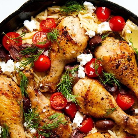 One Pot Greek Chicken Drumsticks Balsamic Cherries, Creamy Orzo, Chicken Drumstick, Drumstick Recipes, Chicken Drumstick Recipes, Duck Recipes, Greek Chicken, Chicken Drumsticks, Food Trends