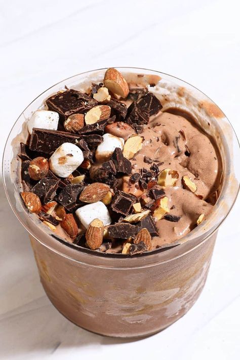 Ninja Creami Dairy Free Rocky Road Protein Ice Cream - Pretty Delicious Life Ninja Creami Protein Cookie Dough Ice Cream, Creami Recipies, Protein Ice Cream Recipe, Rocky Road Ice Cream, Fodmap Friendly Recipes, Protein Cookie Dough, Creami Recipes, Protein Cookie, Cookie Dough Ice Cream