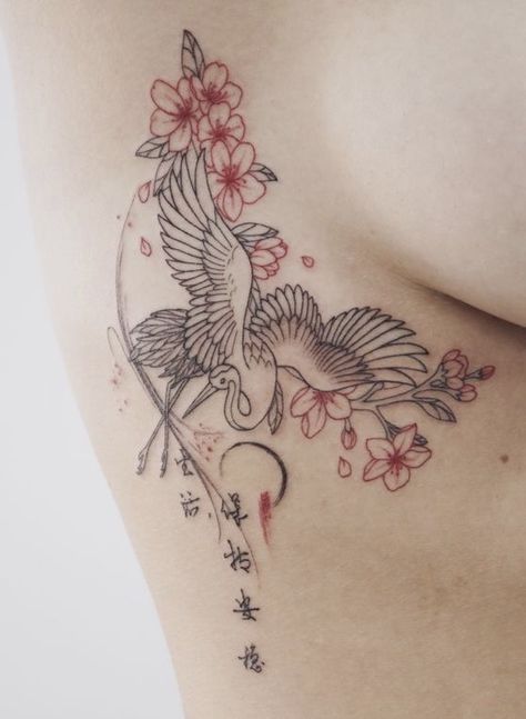 •Crane w/ Cherry Blossoms Minimal Tattoo Designs, Crane Tattoo, 12 Tattoos, Wrist Tattoo Ideas, Minimalist Tattoo Ideas, Pretty Tattoos For Women, Red Tattoos, Blossom Tattoo, Cherry Blossom Tattoo