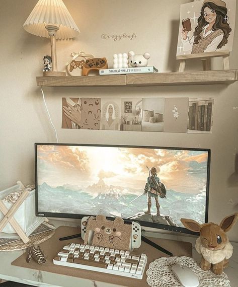 Beige Gaming Aesthetic, Cream Gaming Setup, Beige Pc Setup, Cozy Pc Setup Aesthetic, Switch Desk Setup, Cottagecore Setup, Brown Pc Setup, Neutral Gaming Setup, Cozy Gamer Girl Aesthetic