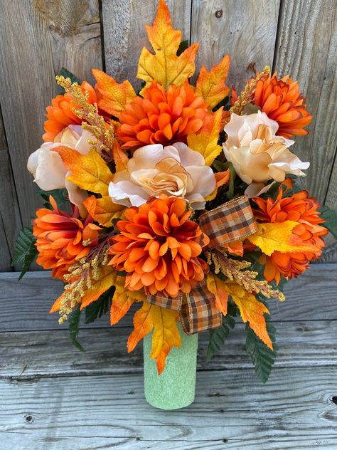 Flower Arrangements Diy Artificial, Cemetery Arrangements, Memorial Vase, Cemetery Vases, Grave Flowers, Casket Sprays, Cemetery Decorations, Fall Flower Arrangements, Silk Florals