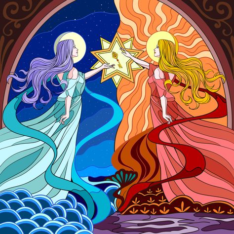 Sun And Moon Sisters, Moon Fairy Art, Sun X Moon, Sun Fairy, Moon Sisters, Sisters Of The Moon, Sisters Drawing, Moon Drawings, Sun And Moon Drawings