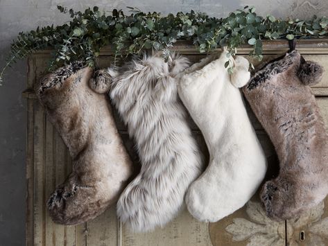 Faux Fur Decor, Trendy Christmas Decor, Diy Stockings, Winter Pillows, Fur Decor, Arhaus Furniture, Dark Christmas, Grey Christmas, Christmas Mantel Decorations