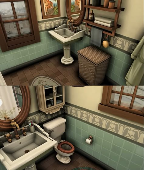 Sims 4 Victorian Bathroom, Sims 4 Cottage Decor, Sims 4 Cottage Bathroom, Sims 4 Victorian House Interior, Sims 4 Room No Cc, Sims 4 Victorian House, Cottage Core Bloxburg House, Bloxburg Bathroom Ideas, Sims 4 Cottage