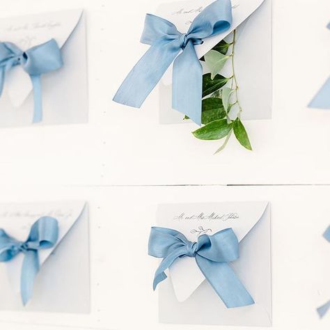 Emery Ann Design | Chicago Wedding Invitations + Stationery on Instagram: "POV: Welcoming your guests to your wedding day with meaningful details. Samantha + Calvin provided a welcoming guest experience with this escort wall of light blue envelopes featuring hand dyed blue silk ribbons and the names of their loved ones. Inside each blue envelope wasn’t only the guests table number, but also a thoughtful, personalized note from the Bride + Groom thanking them for their love and support. Welco Envelope Wall Wedding, Blue Wedding Stationery, Wall Of Light, French Blue Wedding, Blue Envelope, Light Blue Wedding, Blue Envelopes, Wedding Wall, Letterpress Invitations