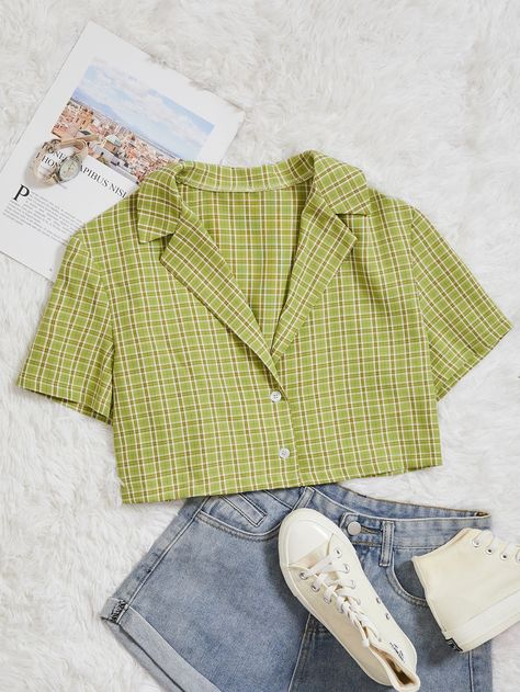 Lime Green Preppy  Short Sleeve Polyester Tartan Shirt  Non-Stretch Summer Women Tops, Blouses & Tee Pattern Shirt Outfit, Placket Pattern, Green Preppy, Preppy Shorts, Tartan Shirt, Style Preppy, Birthday Decoration, Green Outfit, Decoration Idea