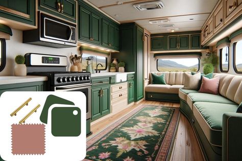 10 Chic RV Color Schemes for your Camper Remodel Olive Green Camper Interior, Rv Color Schemes, Interior Paint Ideas, Rv Camper Interior, Rv Wallpaper, Decorating Your Rv, Camper Redo, Kitchen Cabinet Inspiration, Bus Ideas