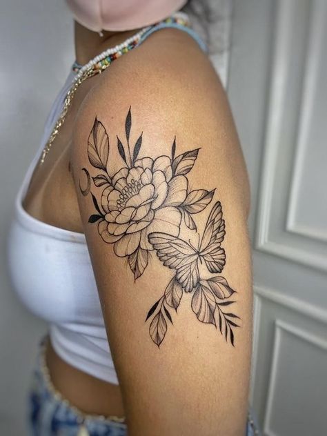 Peony Flower Shoulder Tattoo, Floral Tattoo With Butterflies, Butterfly And Flower Tattoo Shoulder, Upper Arm Tattoos For Women Butterflies, Peony Tattoo With Butterfly, Half Sleeve Tattoos For Women Upper Arm Flowers, Half Sleeve Tattoos For Women Upper Arm Flowers And Butterflies, Upper Arm Butterfly Tattoos For Women, Flower Upper Arm Tattoos For Women