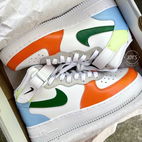 Color Block Custom Air Force 1 Mid Sneakers. -Our current processing time is 3-4 weeks. We try hard to deliver as fast as we can. The best things are worth the wait. -Size Guide- C (Child) Y (Youth) W (Women) M (Men.) -Exactly as shown in the picture. -Lace Locks included. -Anti Crease Protector Included. -Applied Special Acrylic Paint for Shoes and Finisher for more Durability. -Waterproof and flexible. -Made in the US. -100 % Authentic Air Force 1 Sneakers. -Perforated toe cap for breathabilit Paint For Shoes, Crease Protector, Af1 Custom, Lv Sneakers, Air Force 1 Sneakers, Custom Af1, Mid Sneakers, Air Force 1 Mid, Unique Sneakers