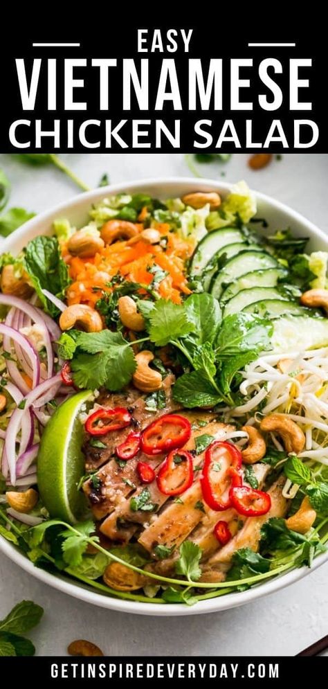 This Vietnamese Chicken Salad is packed with veggies and protein, and it's easy to make as well. It has a lot of classic flavors from bun vermicelli noodle bowls and it's all fresh flavor. Crunchy veggies pair together with sweet savory chicken and an umami-rich dressing that makes this salad so tasty. It's also naturally gluten-free and dairy-free as well. Chicken Vermicelli, Vietnamese Chicken Salad, Vermicelli Salad, Vietnamese Chicken, Paleo Salads, Chicken Asparagus, Savory Chicken, Vegan Salad, Noodle Bowls