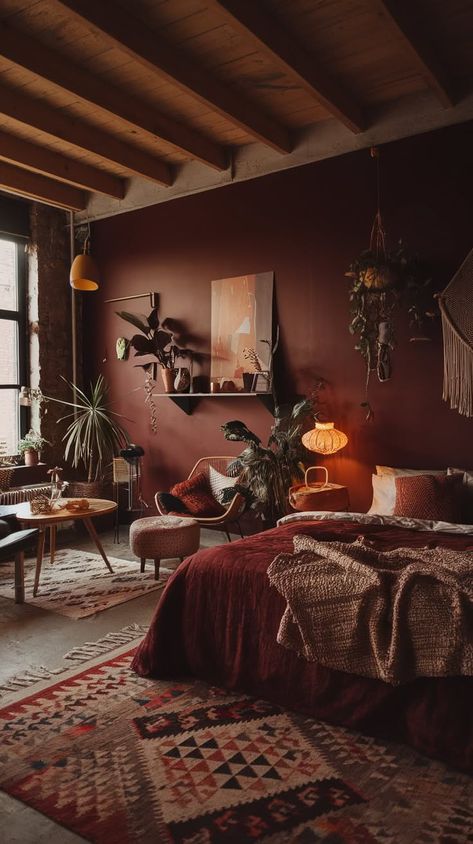 40+ Dark Boho Bedroom Ideas That Cast Dreams Maroon Boho Bedroom, Moody Maroon Bedroom, Moody Studio Apartment, Red Themed Bedroom, Dark Red Bedroom, Dark Boho Bedroom Ideas, High Rise Bed, Maroon Bedroom, Cool Loft Beds