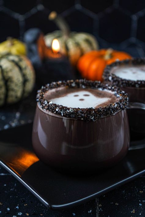 Side view of Dark Hot Cocoa in two clear glasses with a raven candle and mini pumpkins in the background. Witchy Drinks, Easy Coffee Drinks Recipes, Chocolate Drink Recipes, Black Cocoa Powder, Cocoa Hot Chocolate, Healthy Hot Chocolate, Kid Friendly Drinks, Black Cocoa, Hot Cocoa Recipe