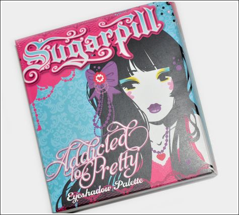 Sugarpill Cosmetics Packaging. SOOOO PRETTY. I really want to copy the girl's makeup. Heart Eyeshadow, Cosmetics Illustration, 00s Aesthetic, Burning Heart, Cosmetics Packaging, Sugarpill Cosmetics, Eyeshadow Quad, Cosmetic Packaging, Girls Makeup