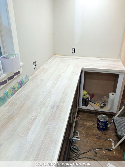 Whitewash Butcher Block Countertops, Oak Butcher Block Countertops, Diy Wood Countertops, Diy Butcher Block, Red Oak Hardwood Floors, Red Oak Hardwood, Kitchen Bench, Bleached Wood, Diy Kitchen Renovation