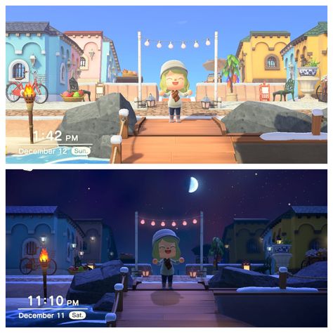 Entrance to animal crossing island that looks like colorful buildings in Old San Juan. Acnh Medieval Building Side Ideas, Acnh Medieval Building Side, Acnh City Entrance, Acnh Italy, Animal Crossing Island Entrance, Acnh Candyland, Acnh Medieval, Citycore Acnh, Horizon City