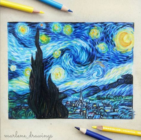 Starry Night Colored Pencil, Starry Night Pencil Drawing, Drawing Ideas List, Draw Picture, Starry Night Van Gogh, Art Pencil, Doodle Art Designs, Pencil Art Drawings, Color Pencil Drawing