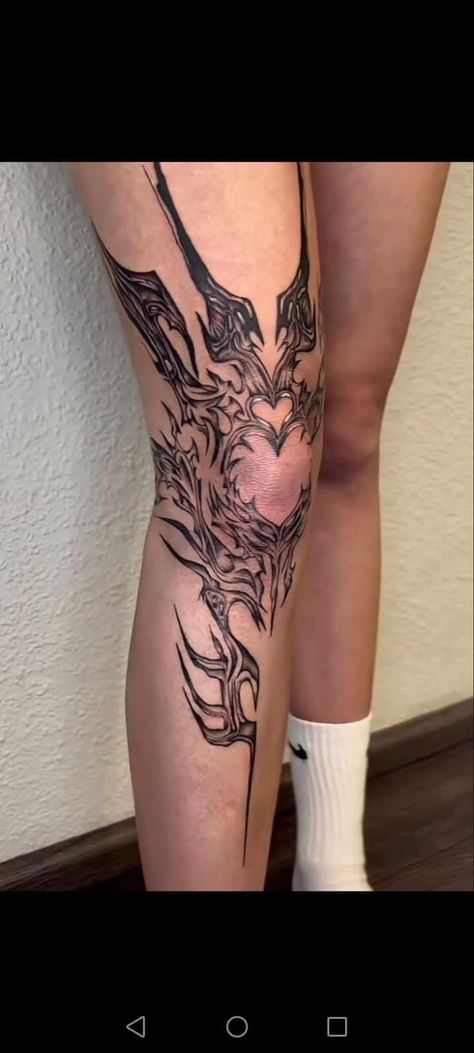 Long Leg Tattoo, Leg Tattoos Women Horror, Leg Tattoos Goth, Vertical Tattoos, Goth Leg Tattoos Women, Thigh Tattoo Cybersigilism, Thigh Cybersigilism, F Tattoo, Vertical Tattoo