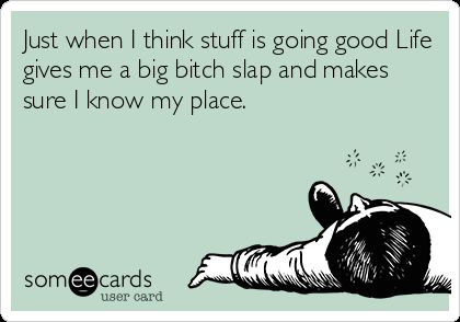 Just When I Think Stuff Is Going Good Life Gives Me A Big Bitch Slap And Makes Sure I Know My Place. | Cry For Help Ecard I Know My Place, Know My Place, My Place, E Card, Someecards, Migraine, Bones Funny, Carousel, True Stories