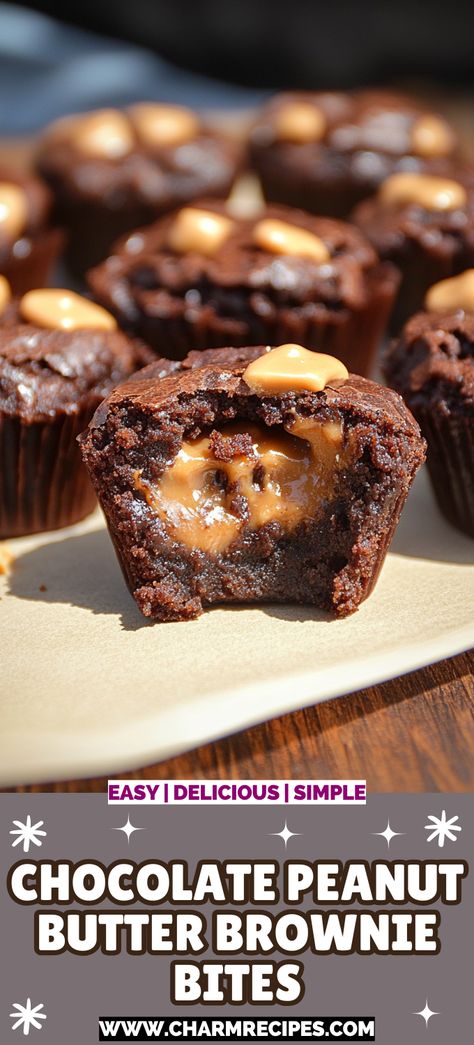 CHOCOLATE PEANUT BUTTER BROWNIE BITES Peanut Butter Stuffed Brownies Recipe, Brownie Bites With Peanut Butter Cups, Brownie Bits Ideas, Easy Brownie Bites Recipe, Brownie Peanut Butter Cups, Buckeye Brownie Bites, Reese’s Pb Cup Brownies, Brownies In A Muffin Tin, Brownie Cups Mini