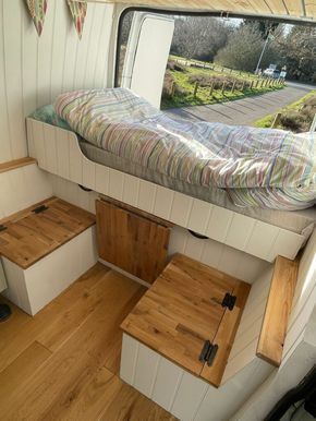 High spec Ford Transit MWB van conversion ⋆ Quirky Campers Van Conversion Ceiling, Van Table Ideas, Van Conversion Storage, Mwb Sprinter Conversion, Mwb Van Conversion, Small Van Conversion Ideas Layout Floor Plans, Mwb Camper Conversion, Ram Promaster Conversion Camper Van, T5 Camper Conversion