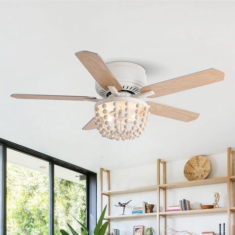 48-in White Coastal Bohemian Wooden Bead Flush Mount Ceiling Fan with Light and Remote - On Sale - Bed Bath & Beyond - 38465609 Rattan Ceiling Fan, Fan Direction, Caged Ceiling Fan, Ceiling Fan Bedroom, Farmhouse Ceiling Fan, Boho Chic Bedroom, Flush Mount Ceiling Fan, Led Ceiling Fan, Ceiling Fan With Remote