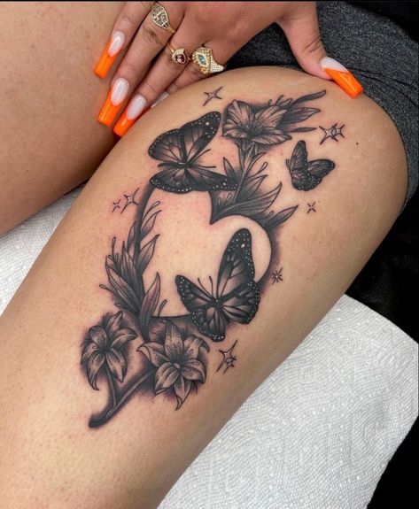 Butterfly And Flower Tattoo, Calf Tattoos For Women, Cute Thigh Tattoos, Rose Tattoos For Women, Hand Tattoos For Girls, Cute Hand Tattoos, Pretty Hand Tattoos, Butterfly Tattoos For Women, Tattoos For Women Flowers