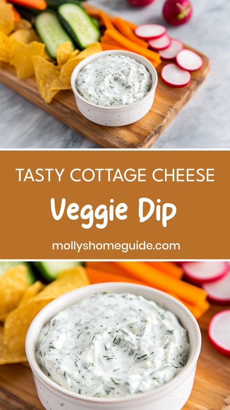 Looking for a healthier snack option? Try this delicious Cottage Cheese Veggie Dip! Packed with protein and fresh veggies, this dip is both nutritious and satisfying. Perfect for parties, picnics, or simply as a midday treat. Whip up this easy recipe in 10 minutes and enjoy guilt-free dipping with your favorite veggies. Your taste buds will thank you!  Ingredients 1 small clove of garlic 1 tablespoon lemon juice, freshly squeezed 1 1/2 cups country style cottage cheese 1/2 teaspoon oregano, drie Veggie Dip Cottage Cheese, Cottage Cheese Veggie Dip Recipes, Cottage Cheese Mix Ins, Easy Cottage Cheese Recipes, Cottage Cheese Veggie Dip, Whipped Cottage Cheese Recipes, Country Style Cottage, Cottage Cheese Dip, Vegetable Dip Recipe