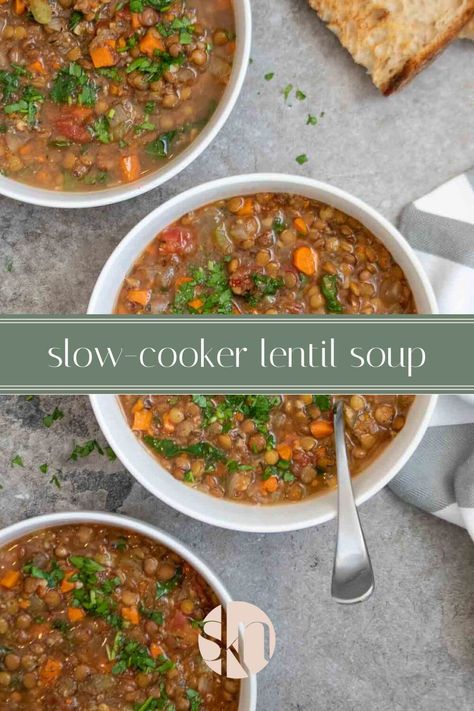 Make lentil soup in your crock pot! This vegan and vegetarian slow cooker lentil soup recipe will warm your belly on a cold winter day. Lentil Soup Slow Cooker, Lentil Soup Crockpot, Lentil Soup Recipe Healthy, Squash Recipes Soup, Vegan Crock Pot, Soups Slow Cooker, Soup Recipe Healthy, Slow Cooker Lentil Soup, Italian Soups