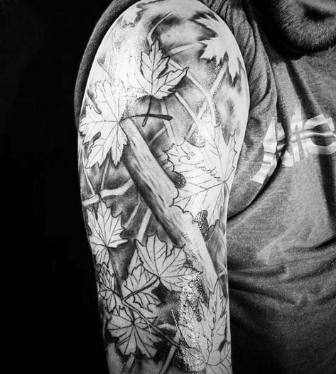 Shaded Black And Grey Ink Fall Guys Half Sleeve Tattoos Cool Tattoo Ideas For Men, Fall Tattoos, Cool Tattoo Ideas, Fierce Tattoo, Leaves Tattoo, Hunting Tattoos, Autumn Tattoo, Boho Tattoos, Men Tattoos Arm Sleeve