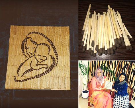 Match Sticks Crafts, Match Stick Art On Paper, Matchstick Art On Paper, Match Stick Craft, Matchsticks Art, Match Artwork, Match Stick Art, Matchstick Craft, Mother Holding Baby