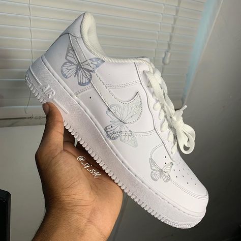 Behind The Scenes By _cj_5k Air Force 1 Butterfly, Nike Shoes Custom, Nike Air Force 1 White, Silver Butterflies, Custom Nike Air Force 1, Air Force 1 White, Custom Nike Air Force, Reflective Shoes, Nike Air Force 1 Custom