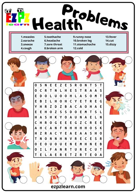 Health Problems Word Search 2 - Ezpzlearn.com Game Worksheet, Kids Word Search, Free Printable Word Searches, Alphabet Crafts Preschool, Materi Bahasa Inggris, English Activities For Kids, English Games, English Worksheets For Kids, Kids English