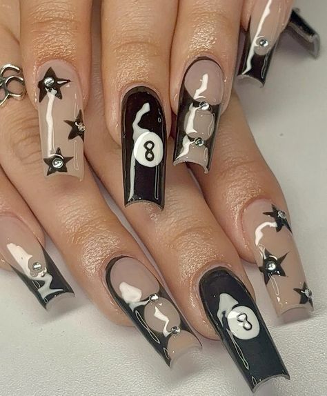 Black White Y2k Nails, Hardest Nail Designs Ever, Deftones Nails Acrylic, Charmed Nails Acrylic, Oval Y2k Nails, Trendy Y2k Nails, Partynextdoor Inspired Nails, Black Alt Nails Acrylic, Y2k Style Nails