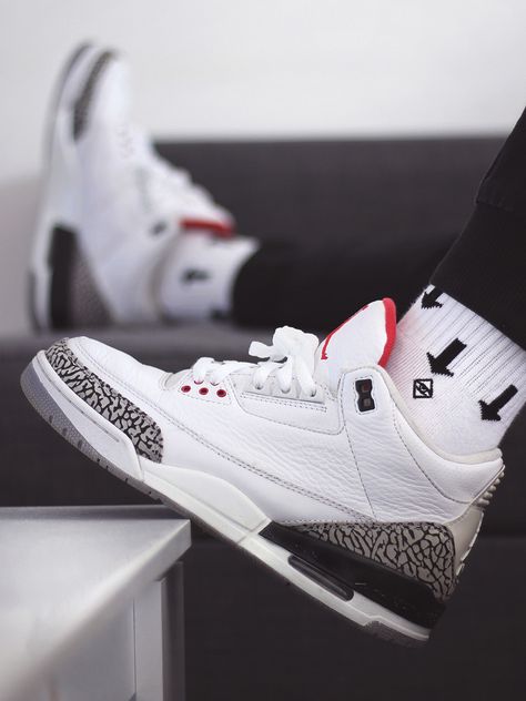 Jordan 3 White Cement, Retro Jordans, Jordan 3s, Nike Air Jordan 3, Socks Nike, Jordan Shoes Retro, Shoes Sneakers Jordans, White Cement, Jordan 3 Retro