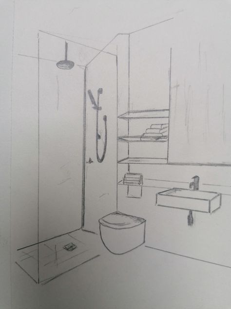 Modern Farmhouse Drawing, Interior Design Sketches Perspective, Bedroom Ideas Drawing, Chocolate Store Design, Bathroom Drawing, Interior Design Basics, Interior Design Sketchbook, Interior Design Student, Perspective Drawing Architecture